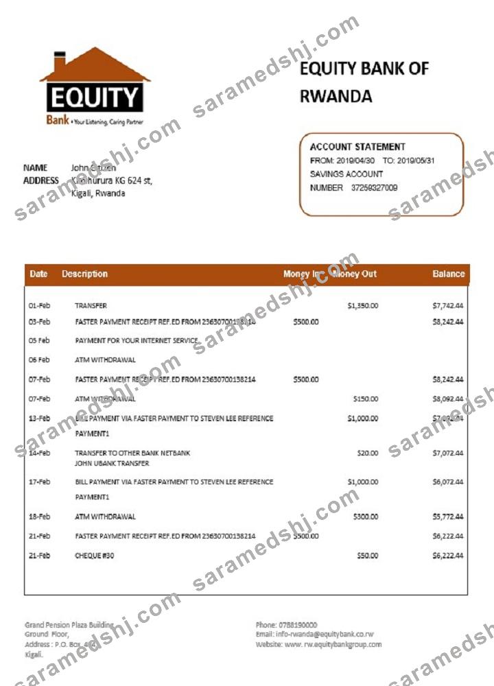 Rwanda Equity Bank of Rwanda proof of address bank statement template in Word and PDF format